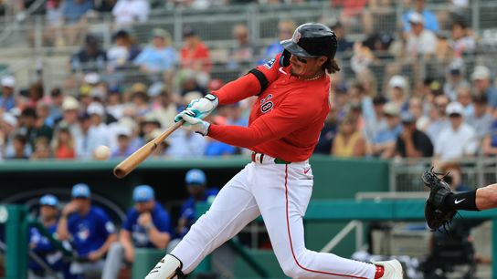 Red Sox Notes: Jarren Duran building momentum, Andruw Monasterio flying under-the-radar, Early’s added strength should pay off taken at BSJ Headquarters (Red Sox). Photo by Feb 22, 2026; Fort Myers, Florida, USA; Boston Red Sox left fielder Jarren Duran (16) hits a double during the first inning against the Toronto Blue Jays at JetBlue Park at Fenway South.